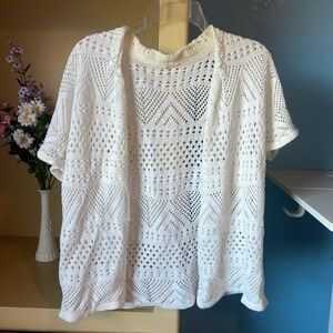 Y2K White Crochet Cardigan Top L Cottagecore Festival‎ Coquette Indie Dainty 70s